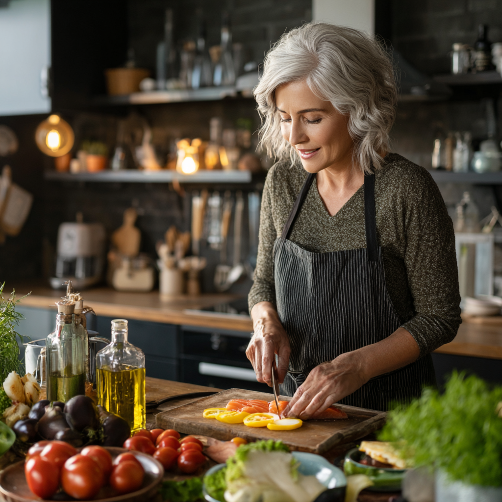 mature woman preparing nutritious meal in modern kitchen with fresh ingredients