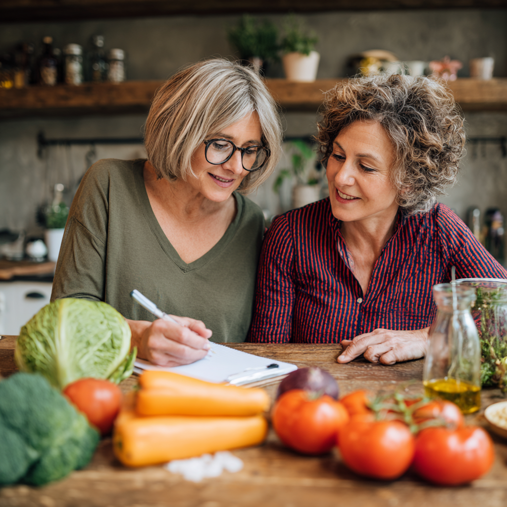 middle-aged nutritionist consulting with adult client about personalized meal planning